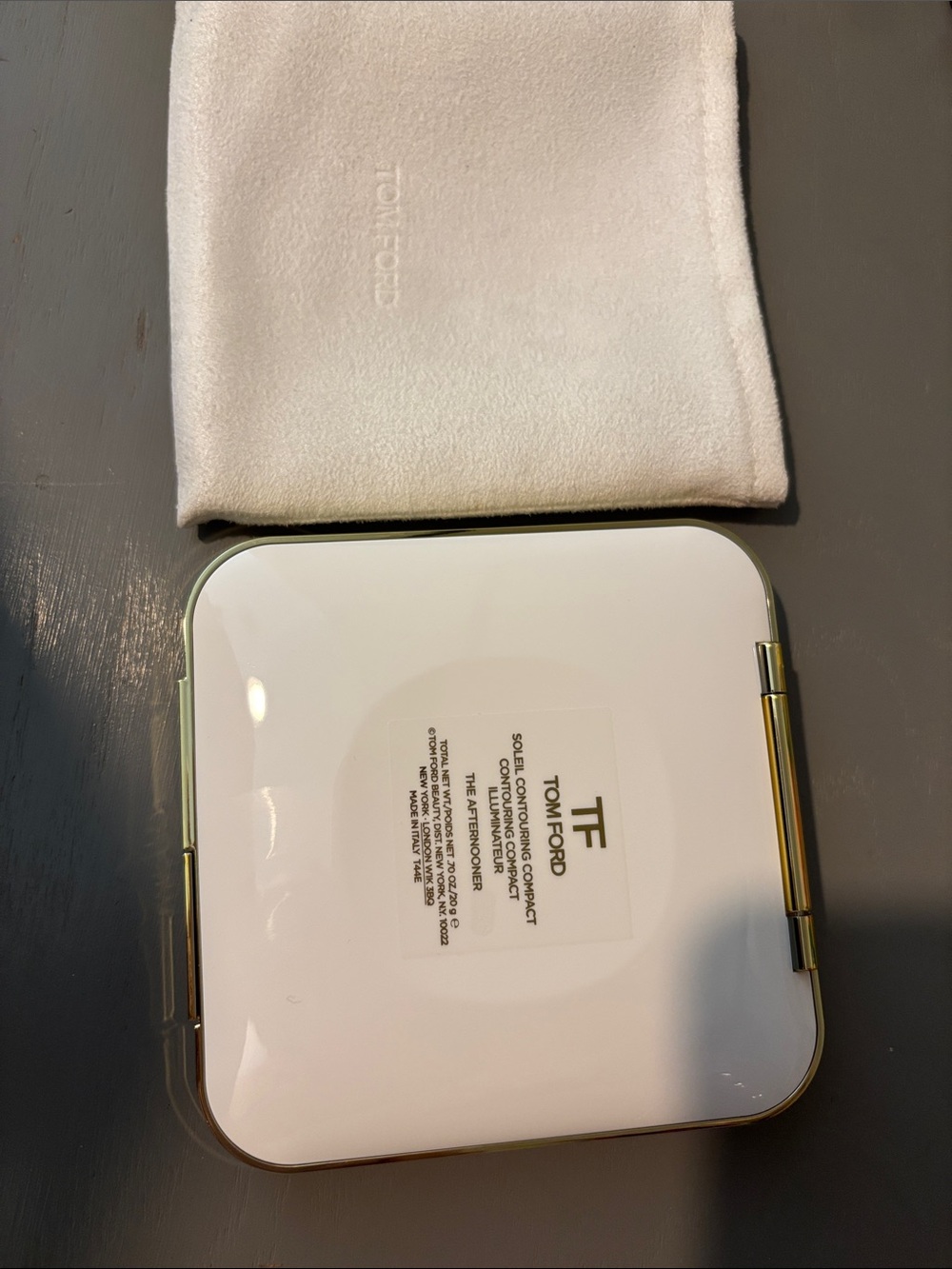 Tom Ford White and Gold Square Compact with Suede Pouch